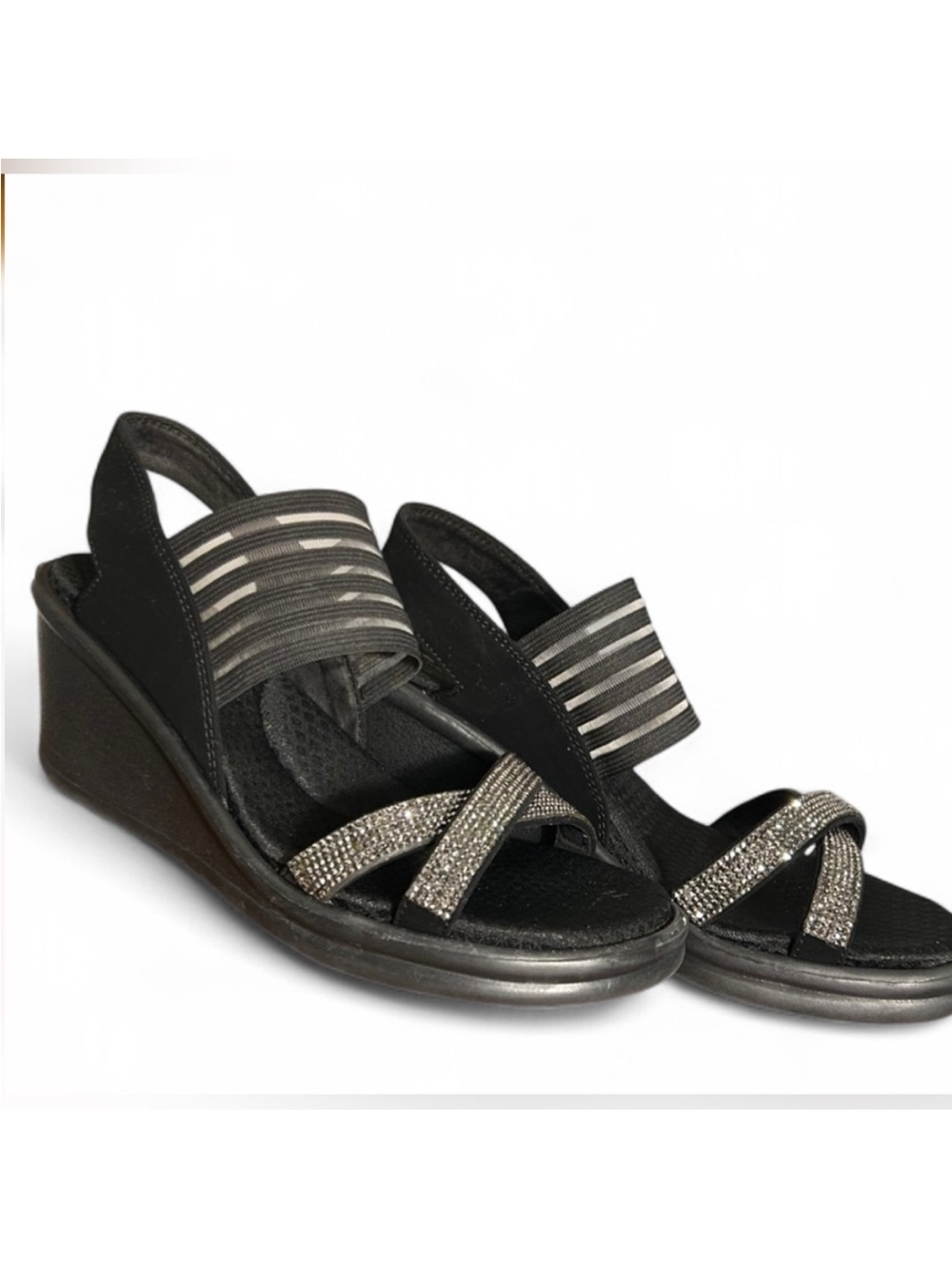 Skechers Women's Black Slip-On Wedge Sandals with Rhinestone Straps - Picture 5 of 5